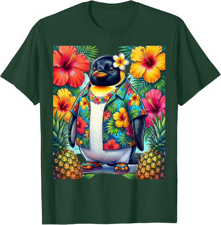 Men's Cute Penguin in Hawaiian Shirt Kids Tropical Tee T-Shirt - Dark Green