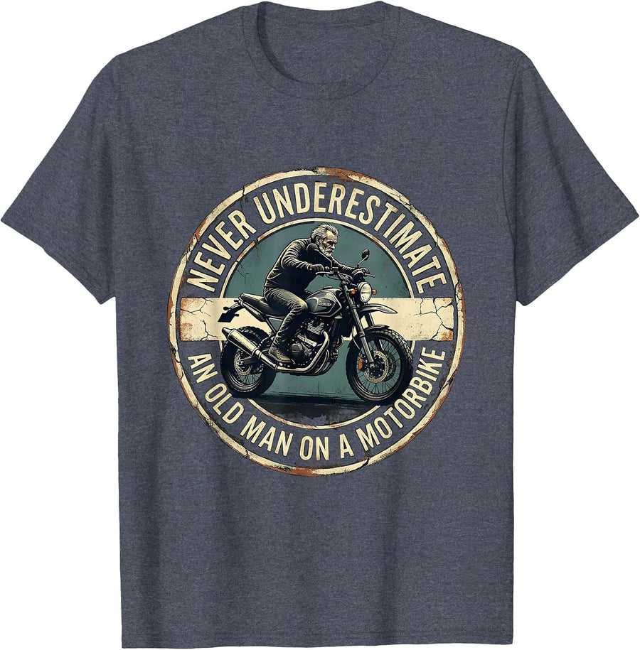 Never Underestimate An Old Man On A Motorbike Distressed T-Shirt - Heather Blue