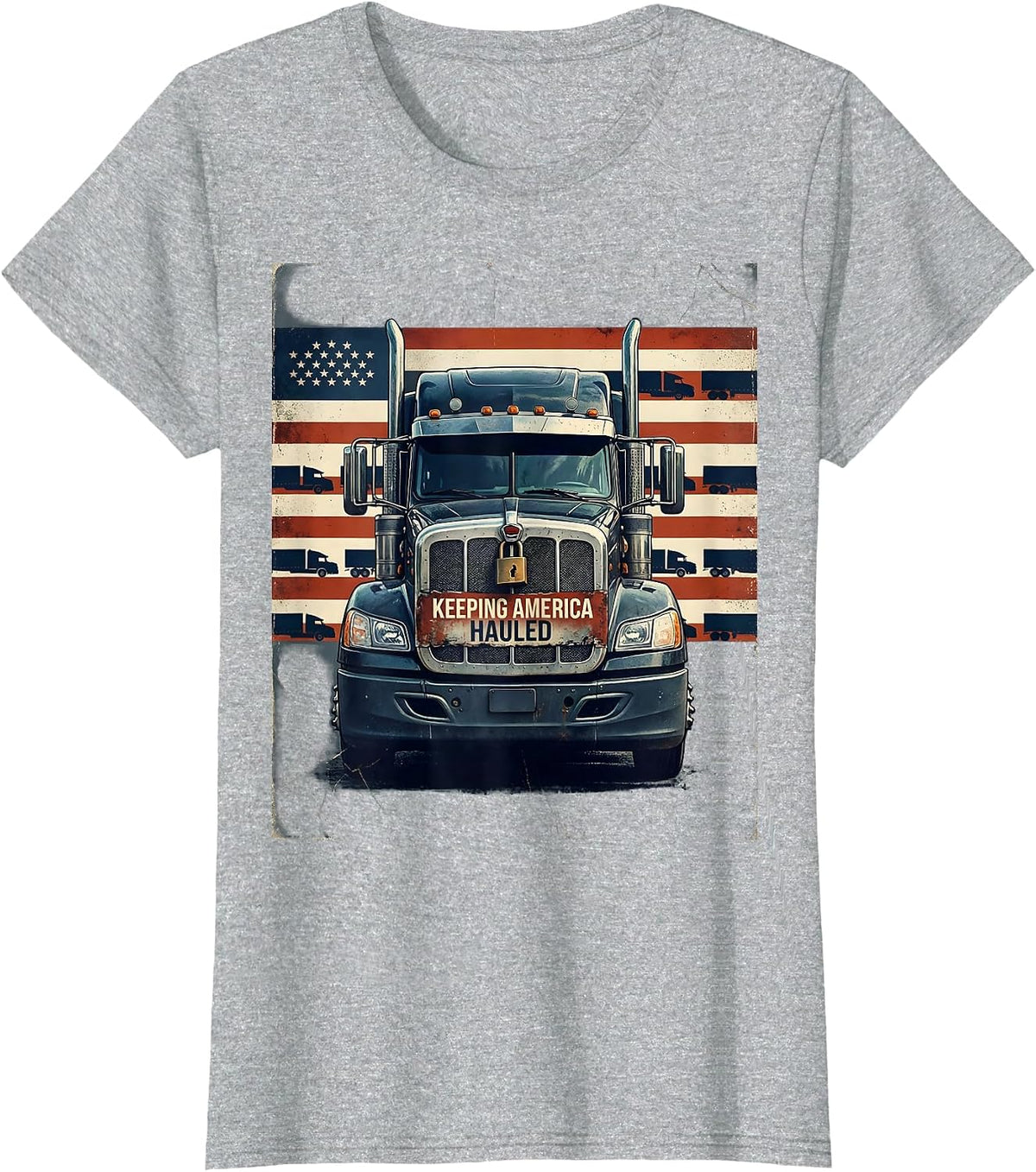 Women's Keeping America Hauled Distressed Trucker Patriotic USA Flag T-Shirt - Heather Grey