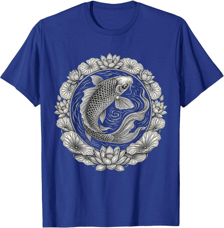 Koi Fish and Lily Pad Detailed Illustration T-Shirt - Royal Blue