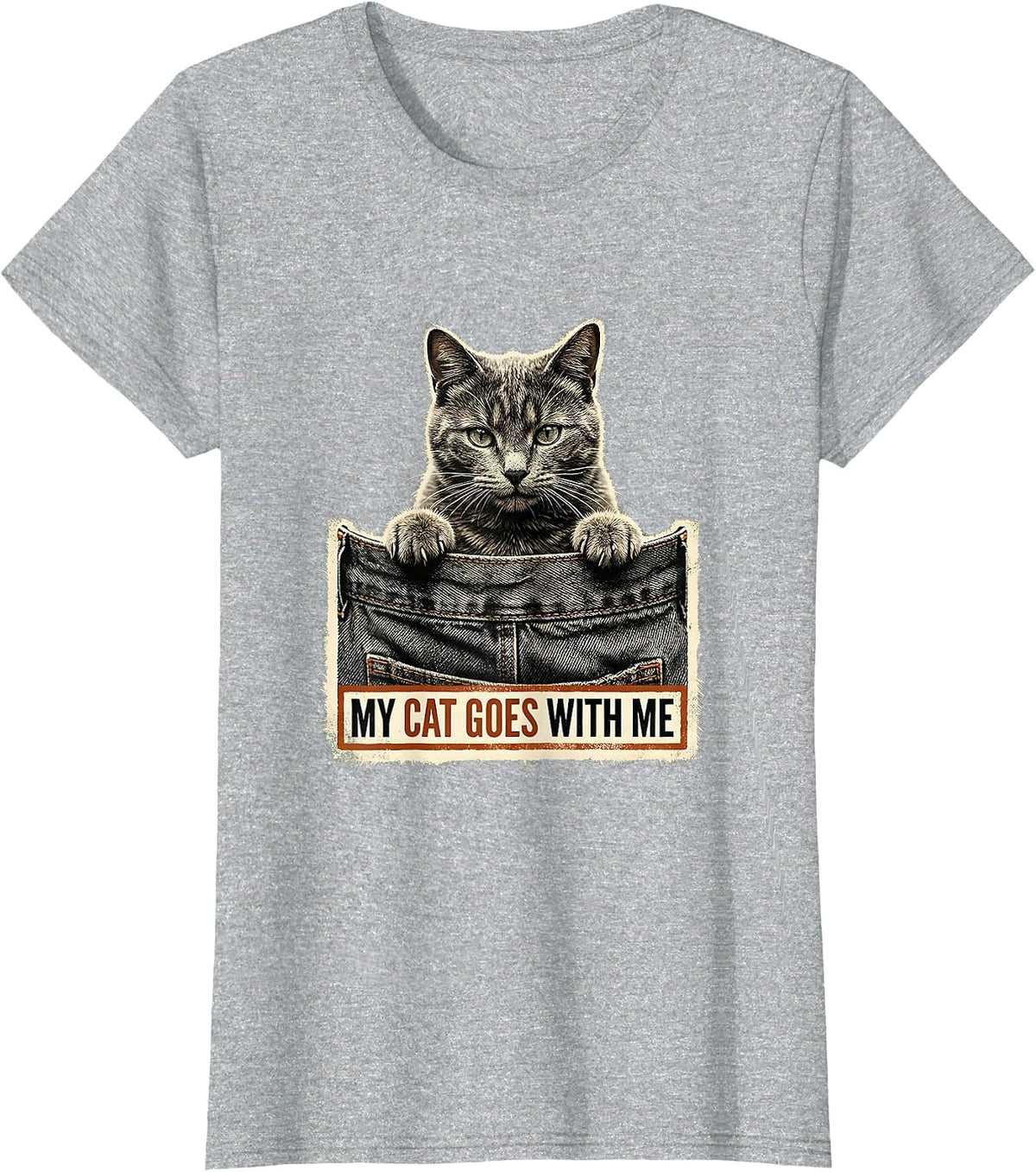 Women's My Cat Goes With Me Rubber Stamp Cat Lover Gift T-Shirt - Heather Grey