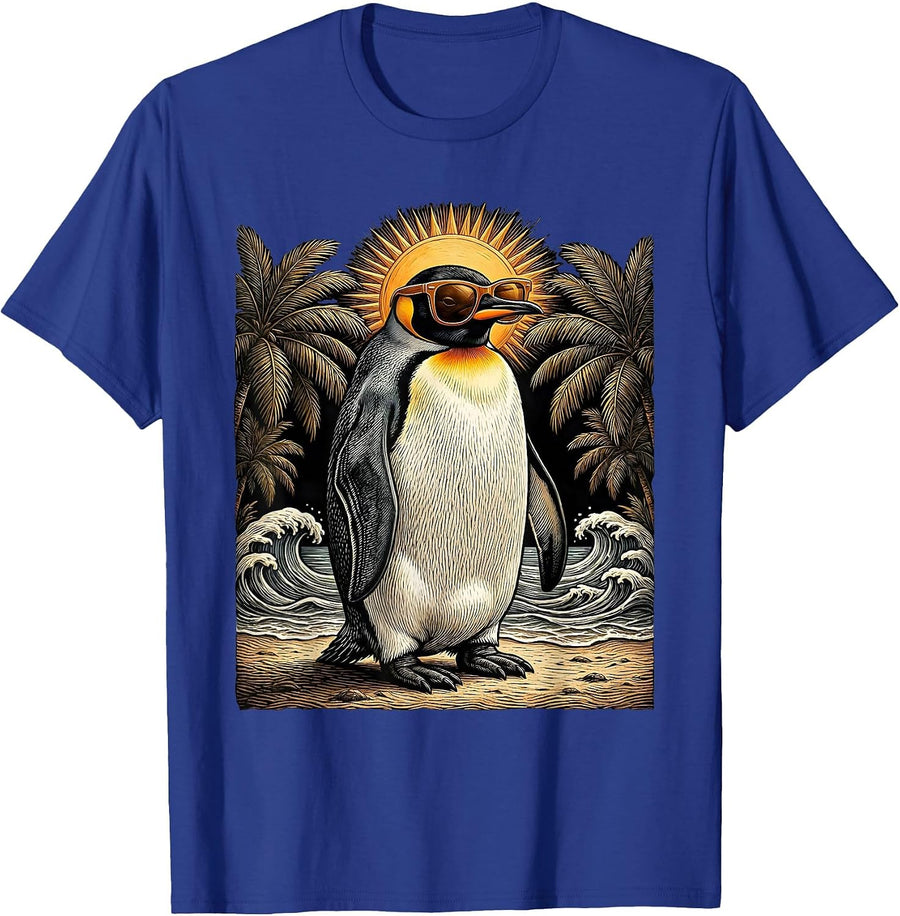 Cool Penguin Tropical Beach Sunglasses Design T-Shirt - Royal Blue