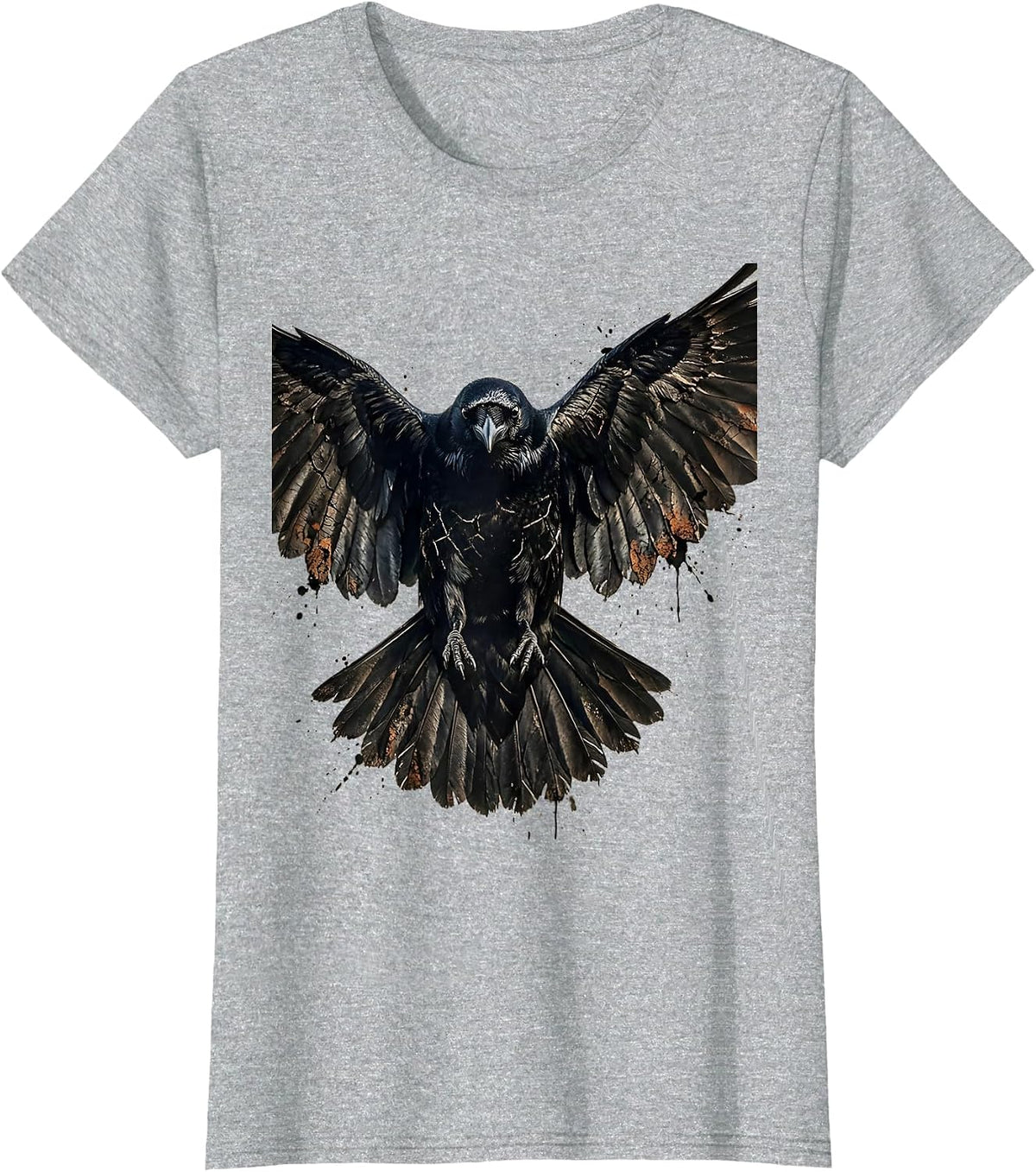 Crow in Flight Spread Wings Illustration T-Shirt - Heather Grey
