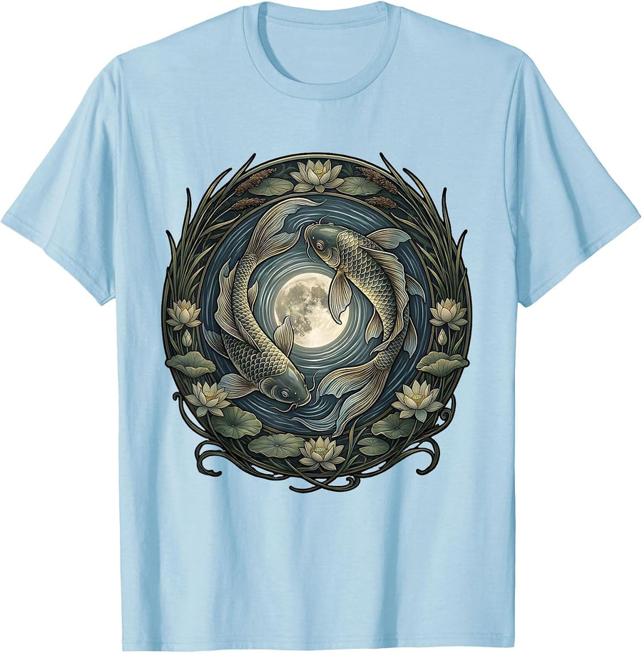 Men's Koi Fish Moonlit Water Illustration T-Shirt - Baby Blue