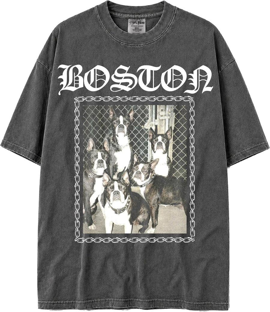 Oversized Shaka Wear MAX-Heavyweight 7.5oz 100% Cotton Faded Washed & Vintage Tshirt for Men & Women - Boston Terrier