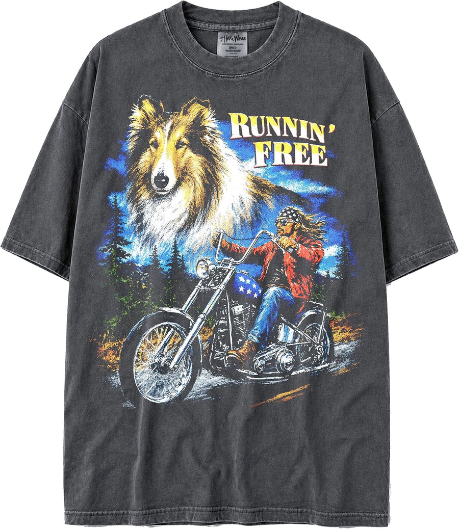 U.S.A. MAX-Heavyweight Shaka Wear Oversized Biker & Dog Spirit 7.5oz Cotton Tshirt for Men & Women - Rough Collie