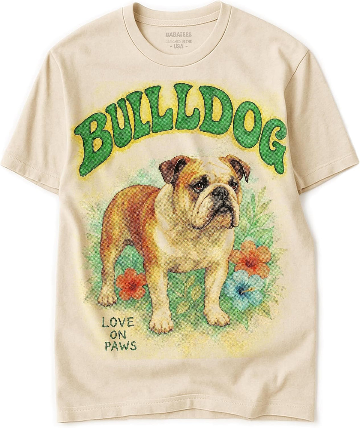 Groovy Dog Watercolor Artwork - 100% Natural, Raw & Undyed Heavyweight Cotton Tshirt for Men & Women - Bulldog