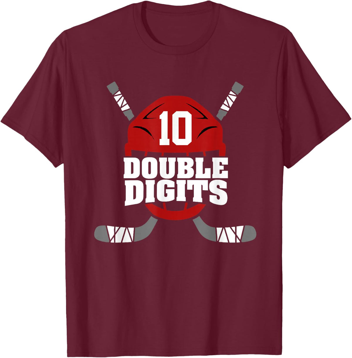 Double Digits 10 Year Old Boy Hockey 10th Birthday T-Shirt - Burgundy