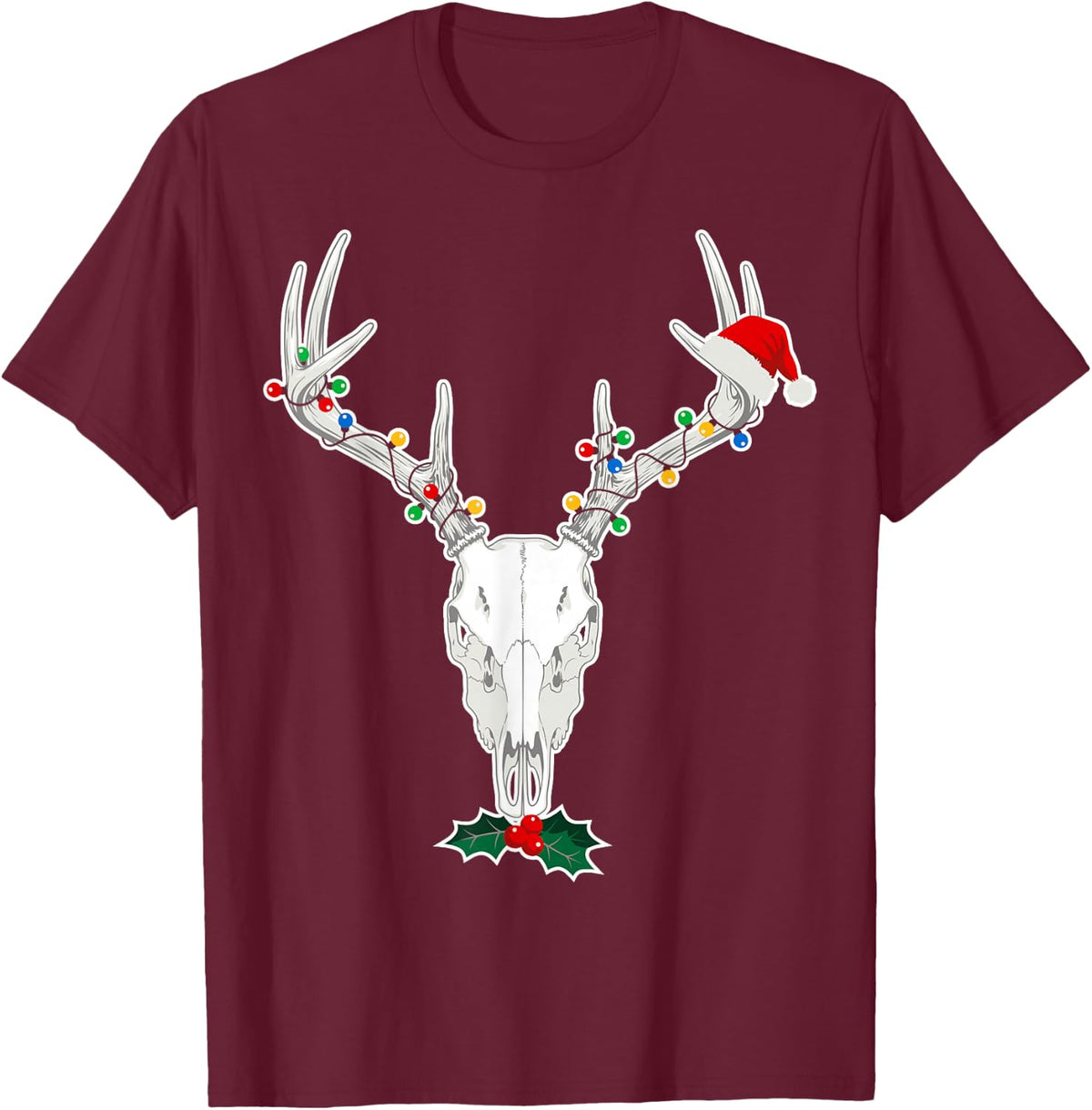 Deer Skull Christmas Lights Whitetail Hunter T-Shirt - Burgundy