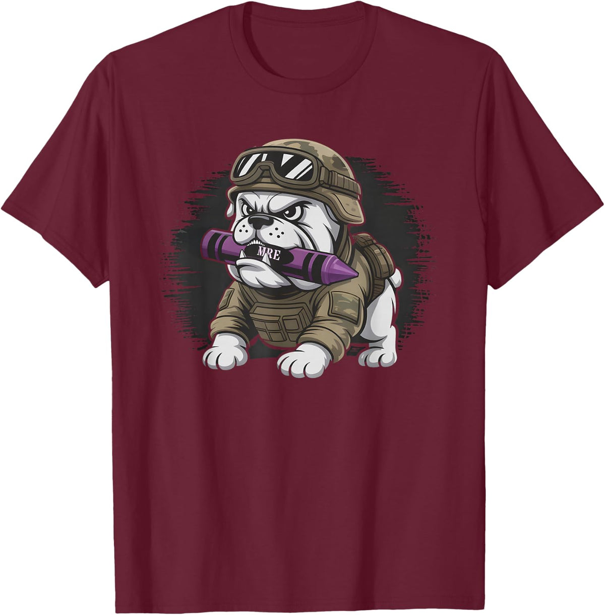 Funny Powered By Crayons Protein Bulldog MRE Eater Soldier T-Shirt - Burgundy