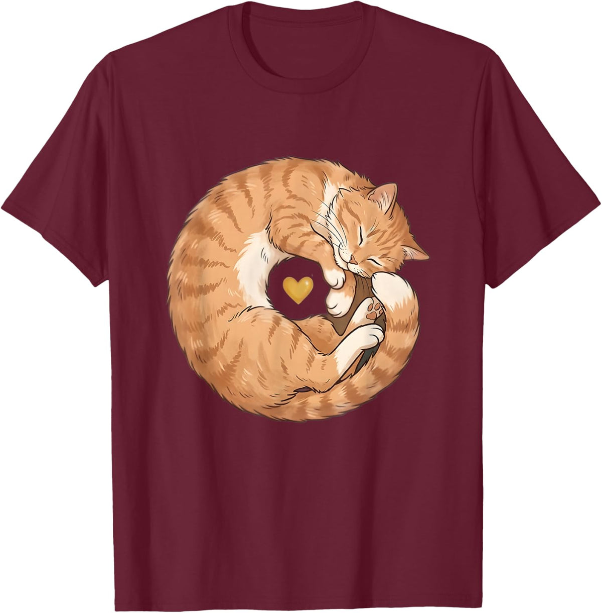 Napping Ginger Tabby Cat Curled Up Heart Cat Mom Kitten T-Shirt - Burgundy