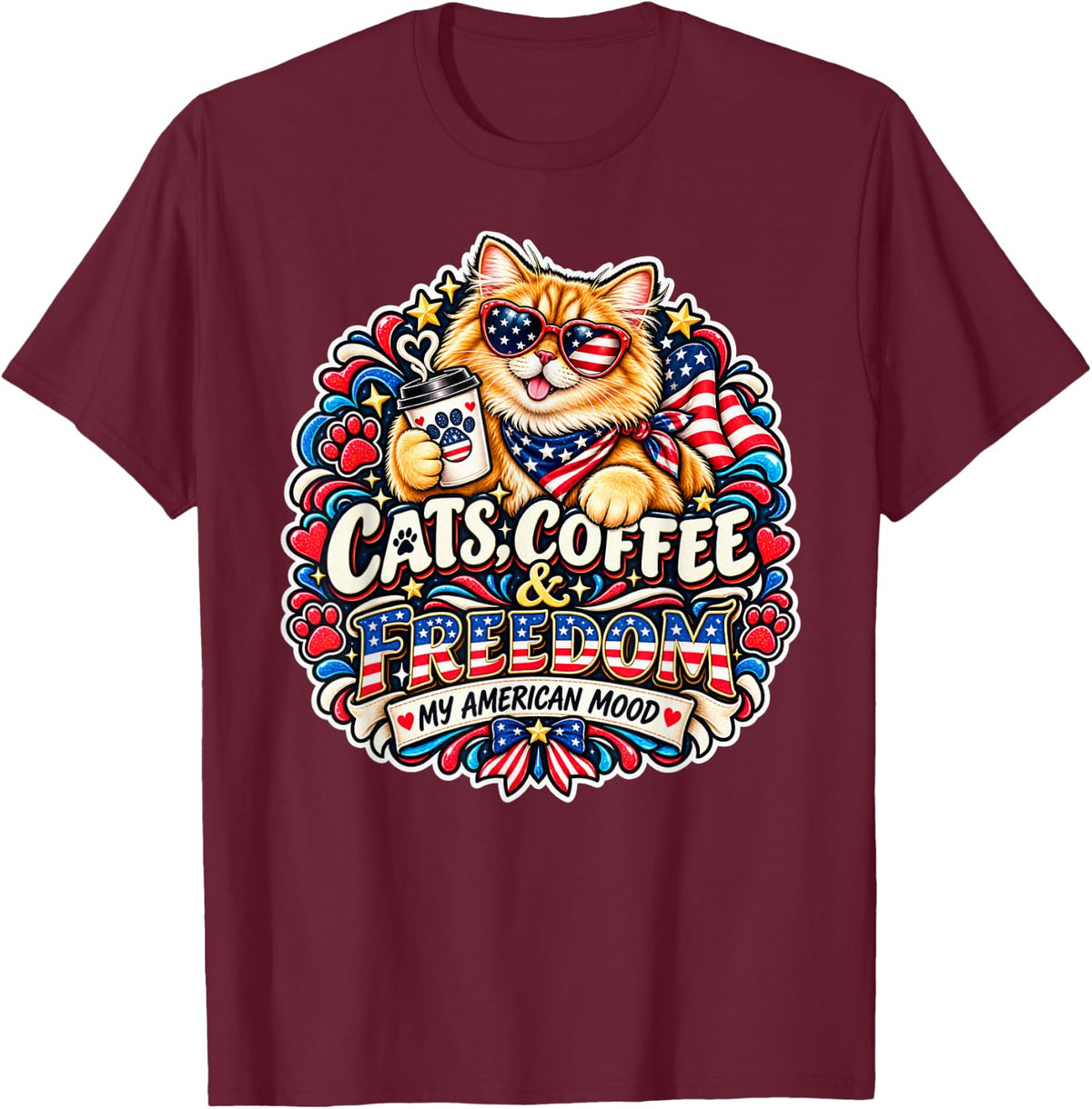 USA Cartoon Cat Coffee Cats Coffee & Freedom T-Shirt - Burgundy