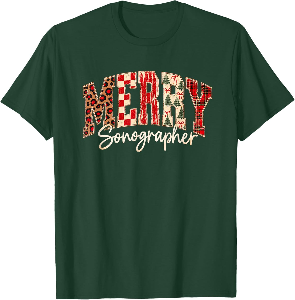 Holiday Sonographer - Cheetah Print Merry Christmas Design T-Shirt - Dark Green