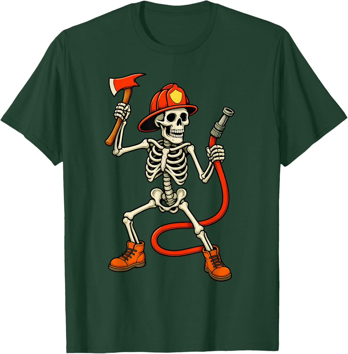 Skeleton Fireman Halloween Firefighter Boys Kids Men T-Shirt - Dark Green