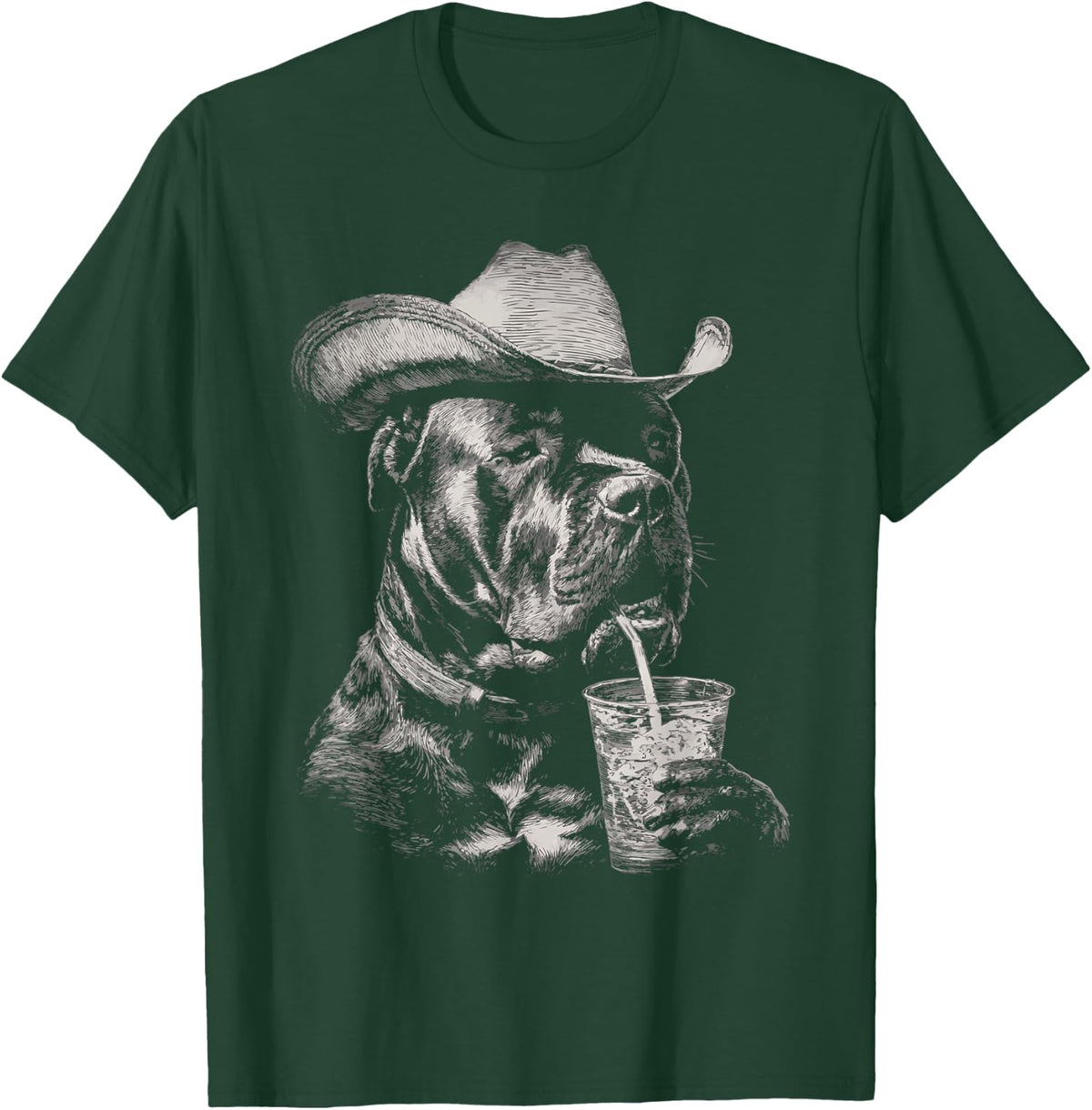 Rustic Cowboy Cane Corso Drinking Iced Coffee Western Dog T-Shirt - Dark Green