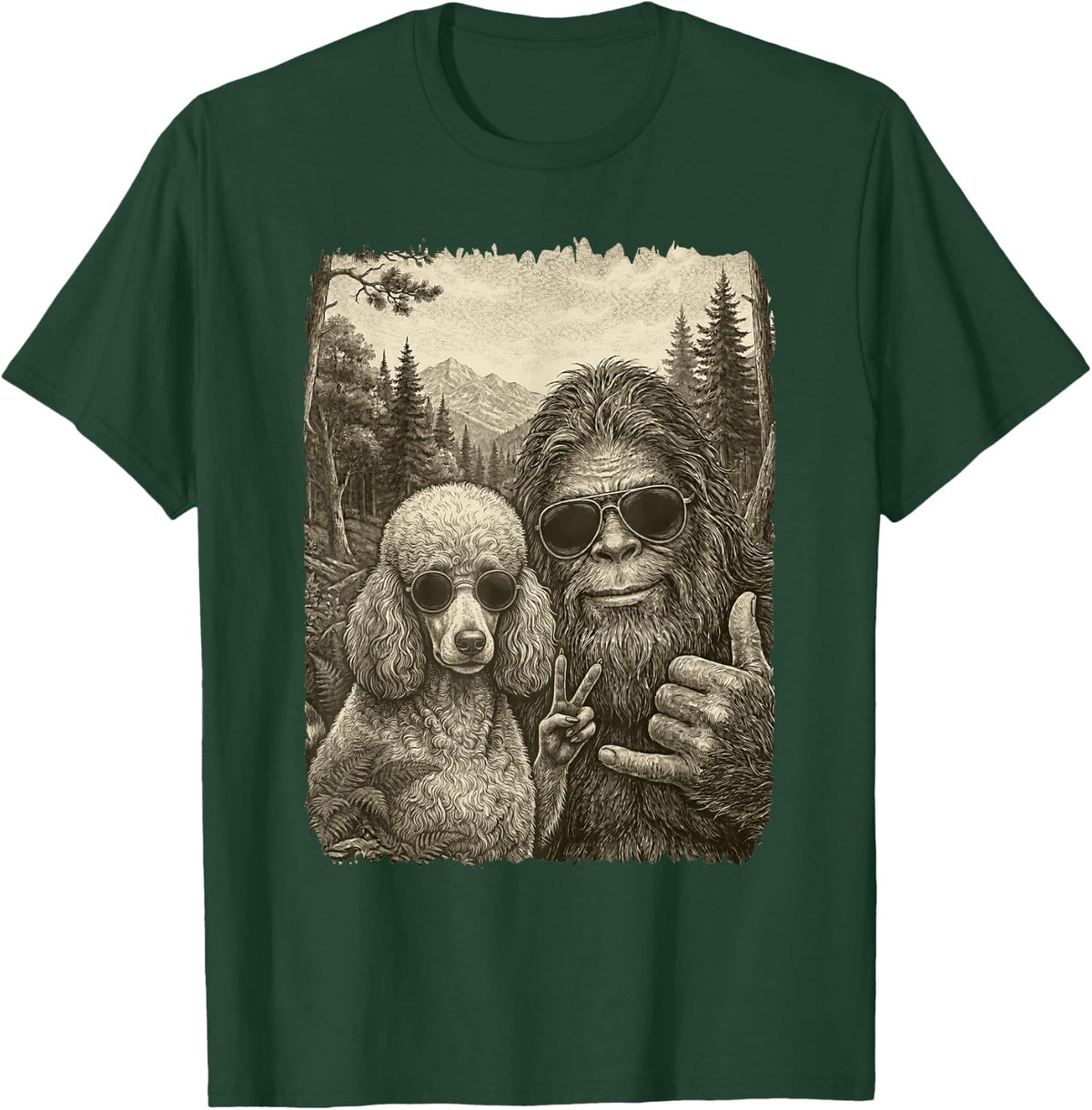 Funny Bigfoot Selfie with Poodle Lovers Graphic Men Women T-Shirt - Dark Green