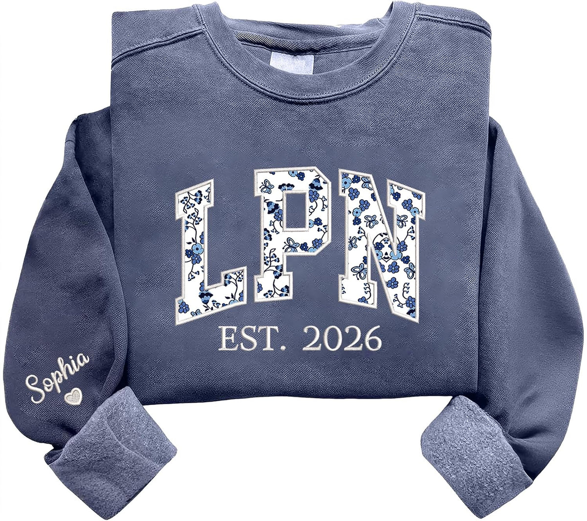 Chillever Personalized Embroidered Floral Applique Sweatshirt, Custom Any Profession Gift, Appreciation Crewneck - Lpn