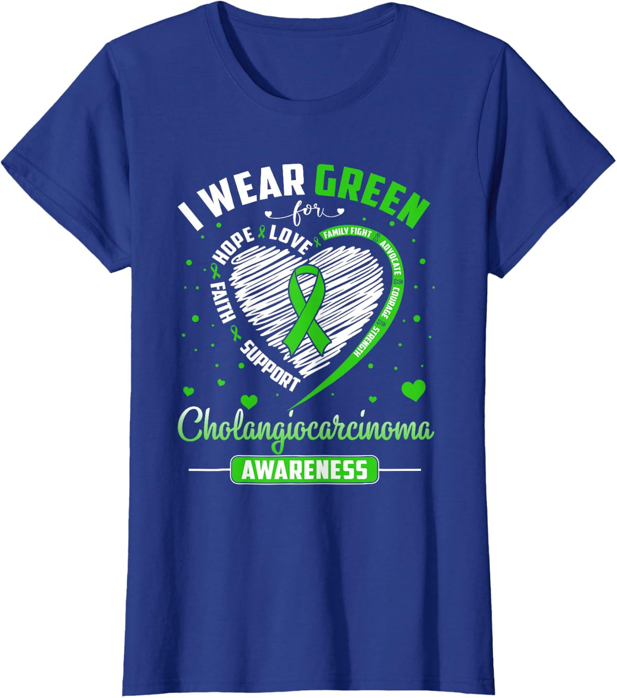 Heart I Wear Green For Cholangiocarcinoma Awareness Month T-Shirt - Royal Blue
