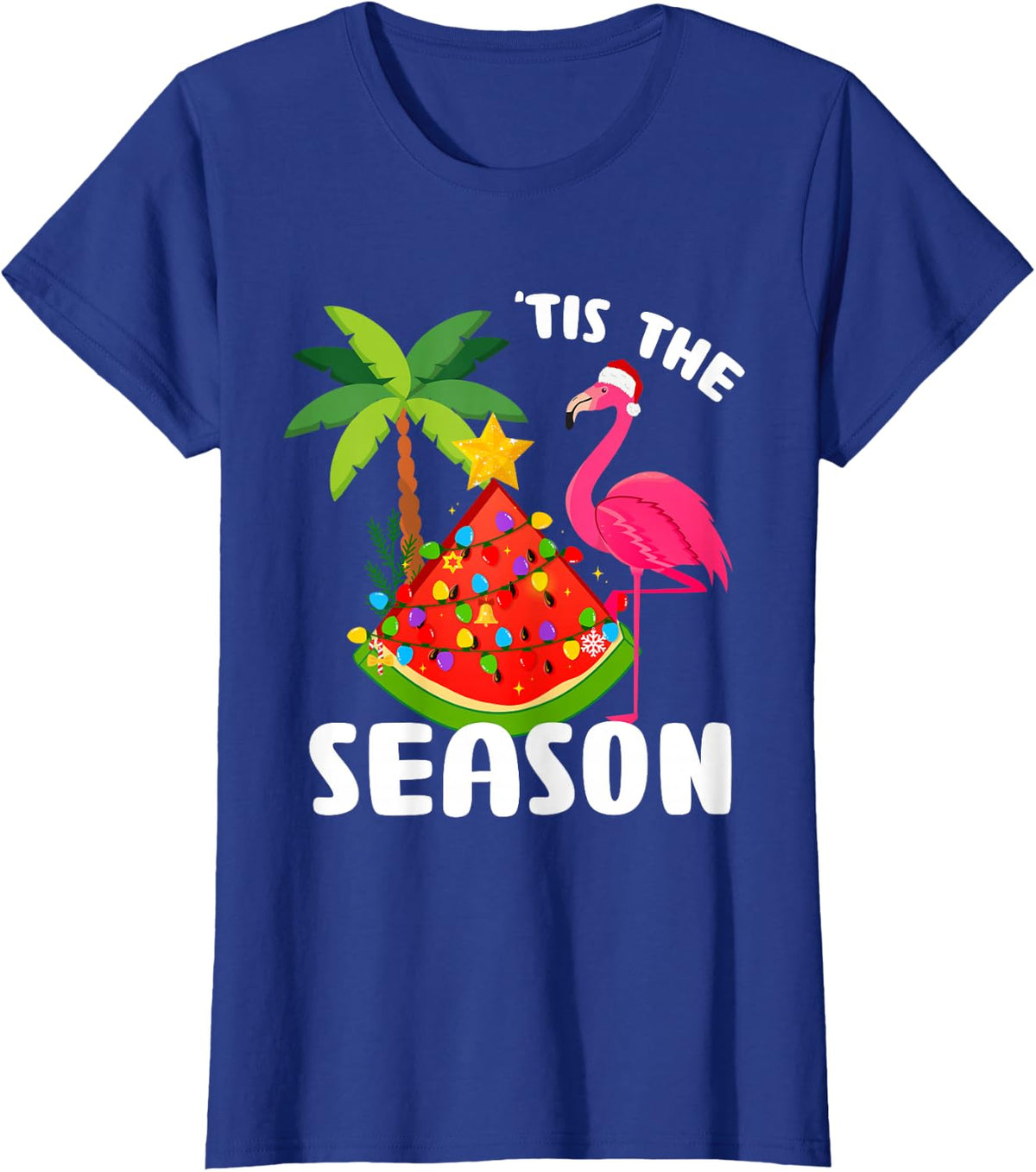 Tis The Season Christmas in July Watermelon Santa Flamingo T-Shirt - Royal Blue