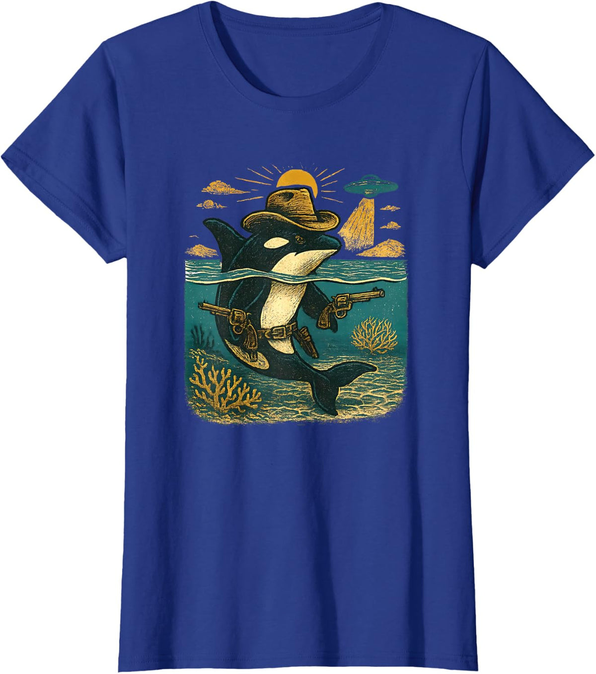 Retro Western Cowboy Orca UFO Graphic Killer Whale Lover T-Shirt - Royal Blue