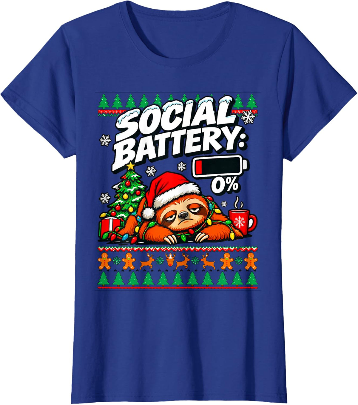 Social Battery 0% Funny Ugly Christmas Sweater Sloth Meme T-Shirt - Royal Blue
