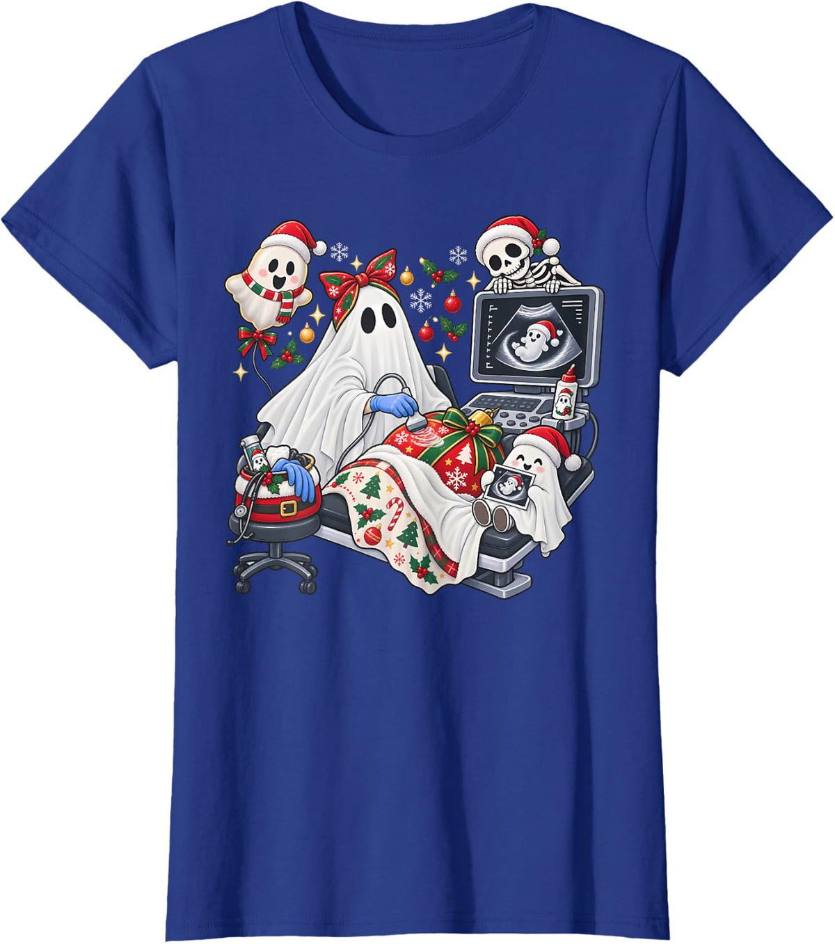 Christmas Cute Ghost Santa Sonographer Ultrasound Tech MFM T-Shirt - Royal Blue
