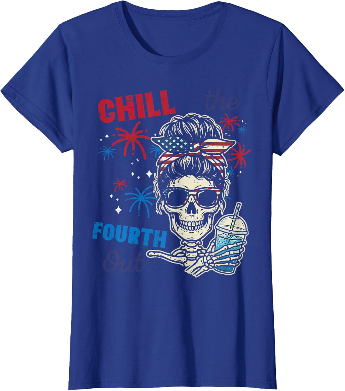 4th of July Skull Bun Chill The Fourth Out Women Girls Kids T-Shirt - Royal Blue