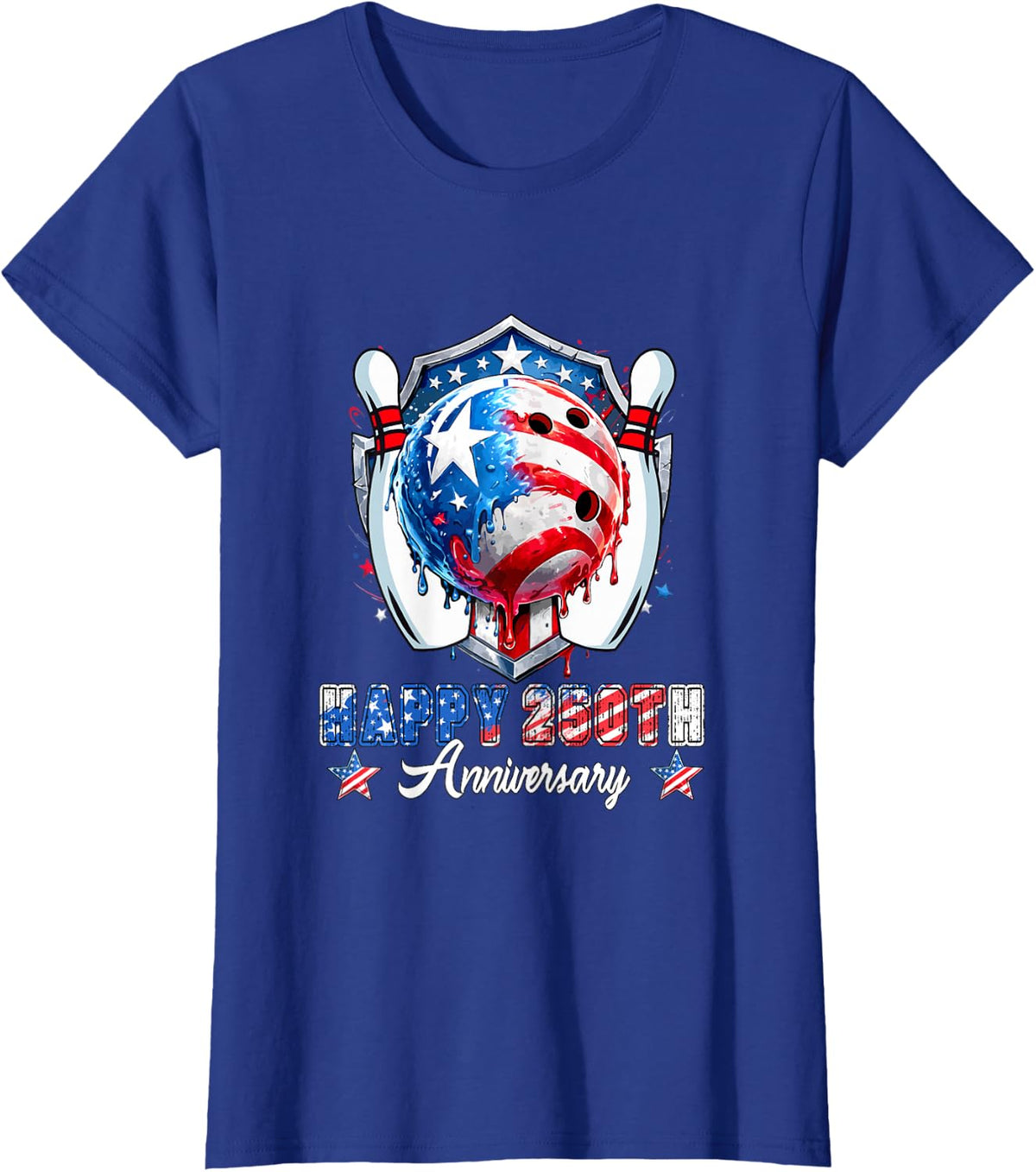 Happy 250th Anniversary 4th July Dripped Costume Bowling T-Shirt - Royal Blue
