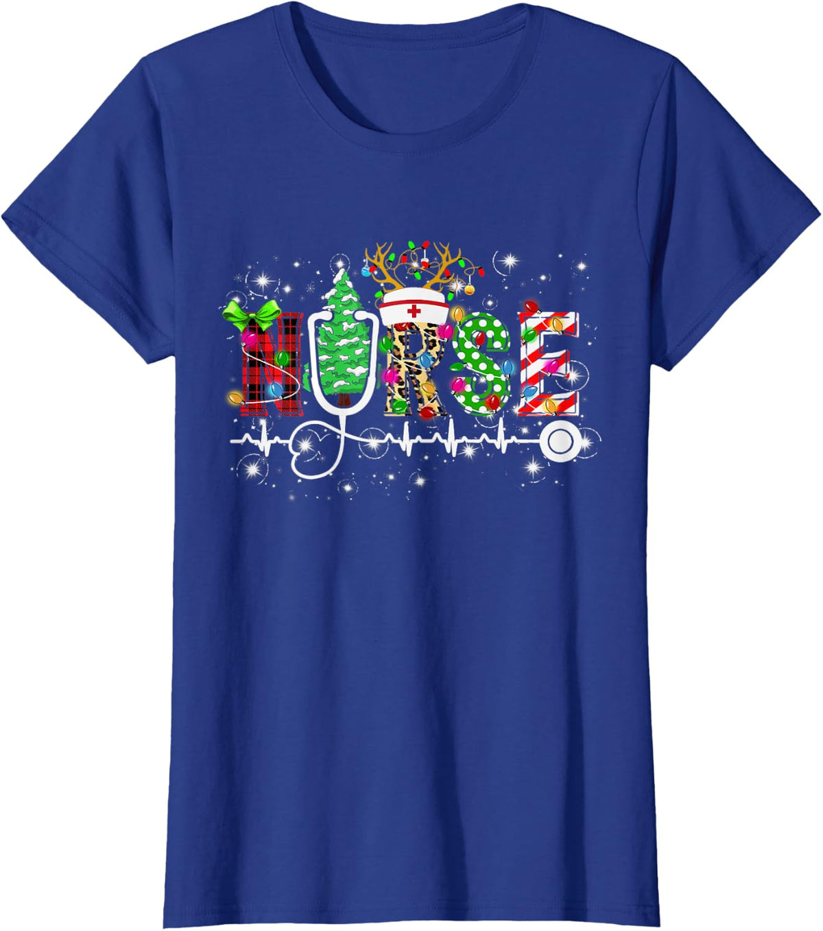 Womens Nurse RN Christmas Stethoscope Nurses Xmas Scrub T-Shirt - Royal Blue