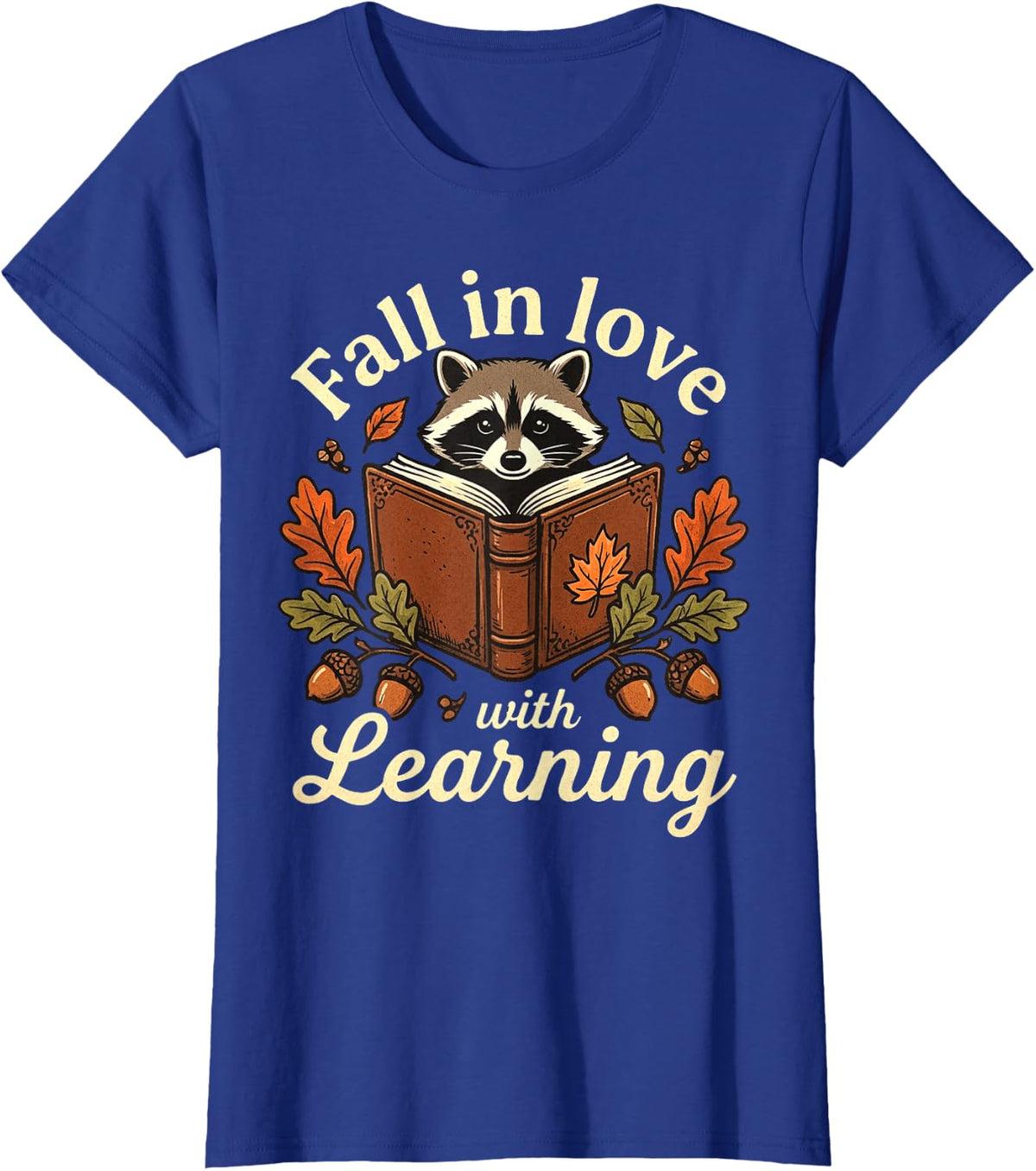 Fall in Love with Learning Autumn Raccoon Teacher T-Shirt - Royal Blue