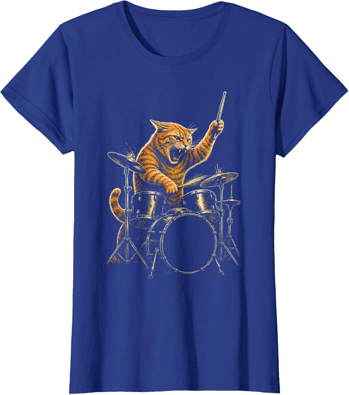 Drummer Cat Rock Music Ginger Tabby Drum Kit Cymbals T-Shirt - Royal Blue