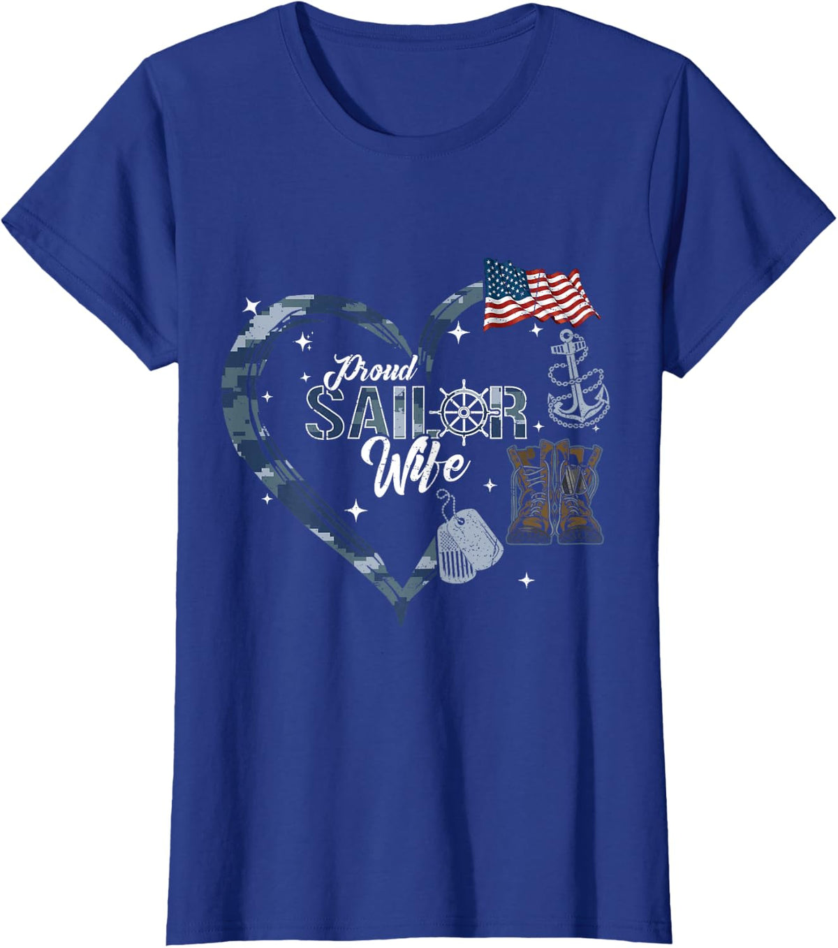 Proud Sailor Wife Anchor US Camo Heart Family Matching T-Shirt - Royal Blue