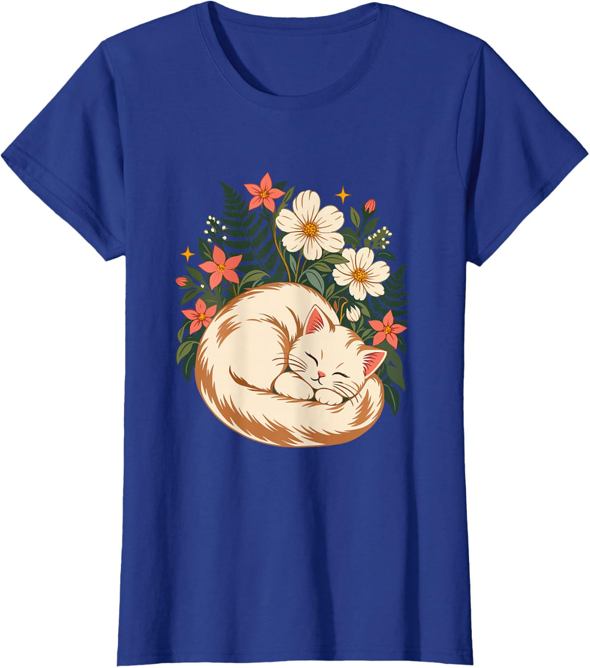 Starry Botanical Sleeping Cat Art T-Shirt - Royal Blue