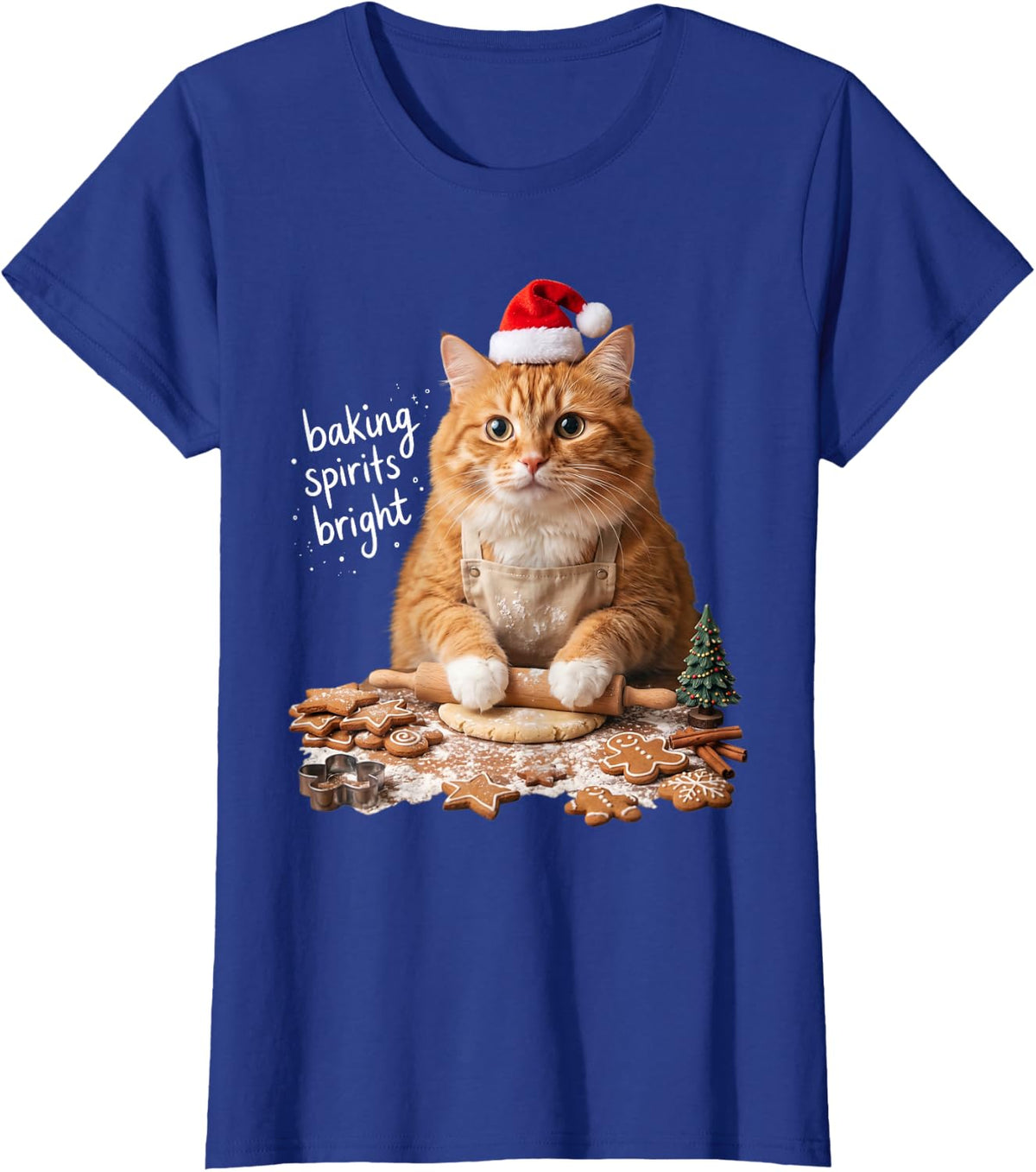 Retro Christmas Cat Baking Spirits Bright Gingerbread Cookie T-Shirt - Royal Blue
