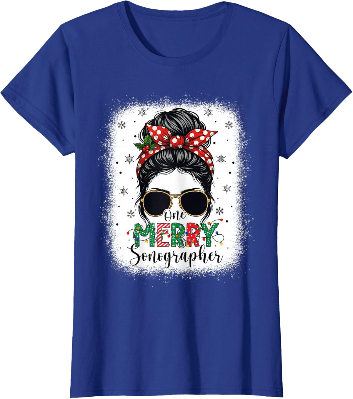 One Merry Sonographer Sonography Christmas Messy Bun T-Shirt - Royal Blue