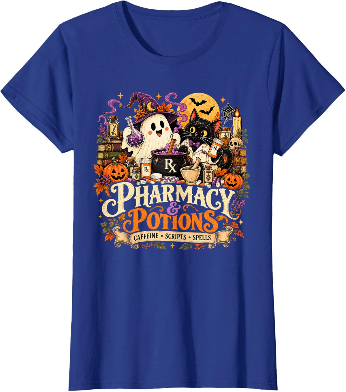 Halloween Pharmacist Ghost Black Cat Pharmacy & Potions T-Shirt - Royal Blue