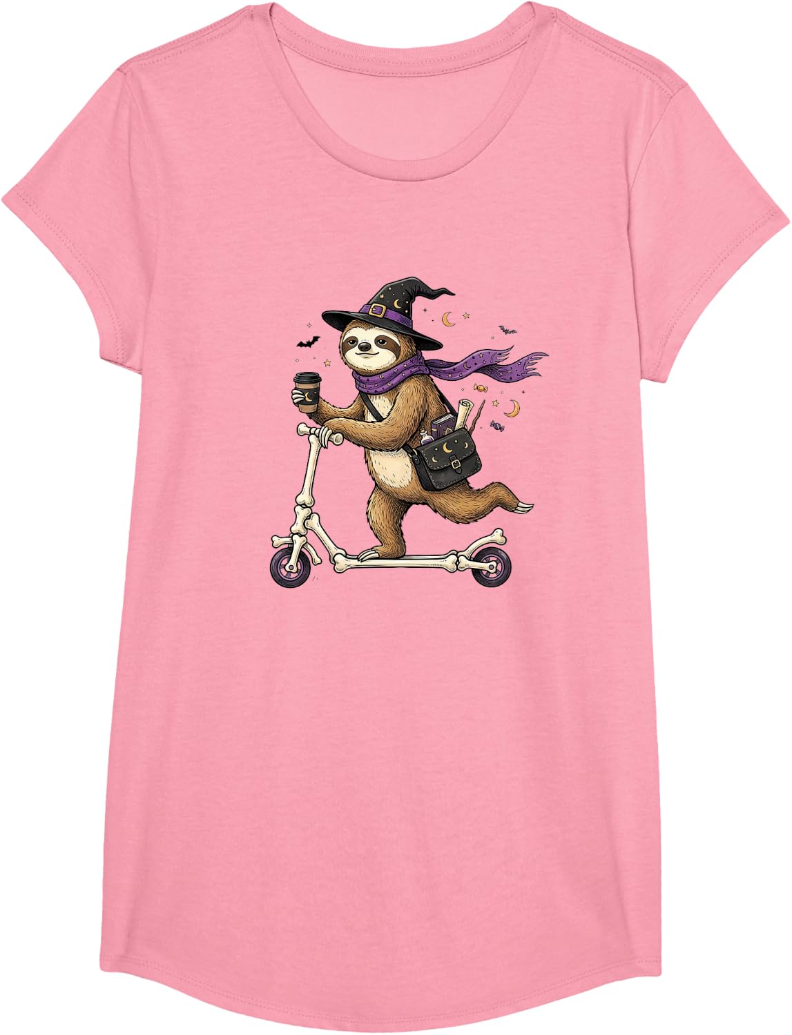 Sloth Scooter Witch Halloween Kids Mens Womens T-Shirt - Girls Pink