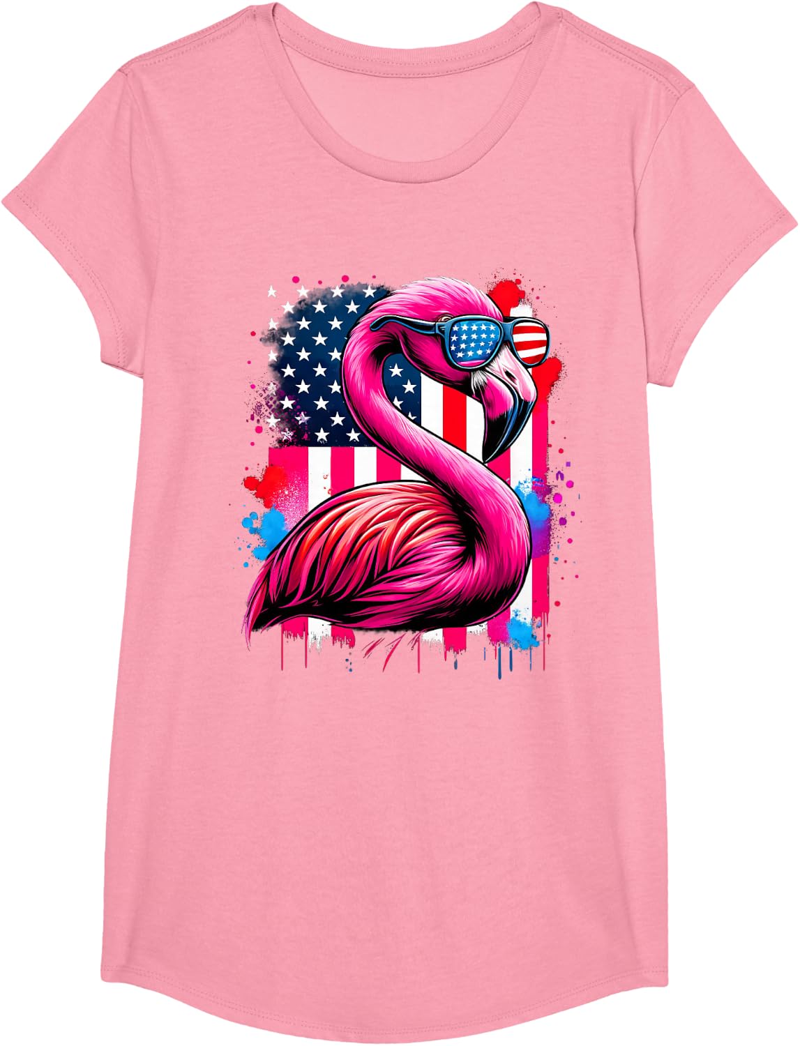 Pink Flamingo USA Flag 4th of July Sunglasses Patriotic T-Shirt - Girls Pink