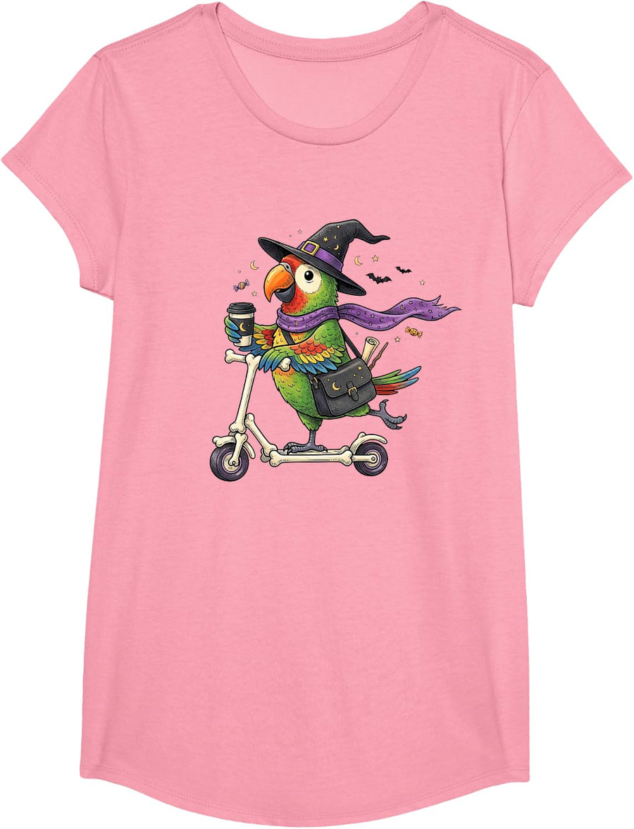 Parrot Scooter Witch Halloween Kids Mens Womens T-Shirt - Girls Pink