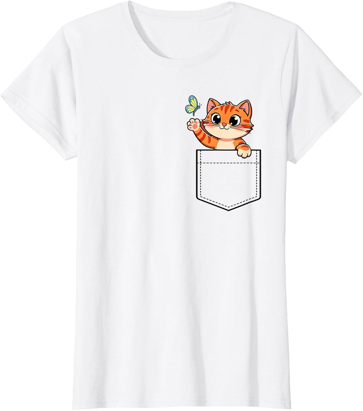 Funny Orange Tabby Ginger Cat with Butterfly Feline Lover T-Shirt - White