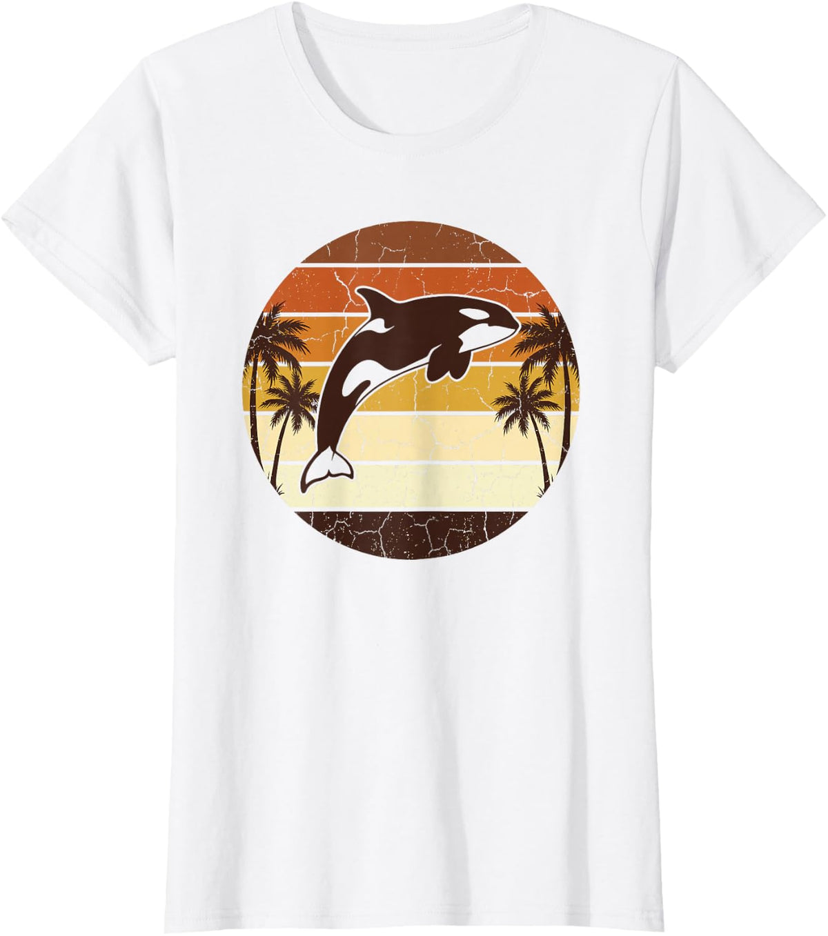 Vintage Orca Sunset Palm Trees Beach Ocean Lover Design T-Shirt - White