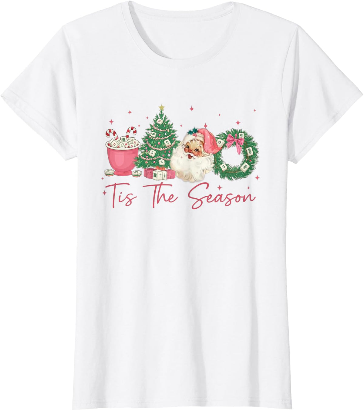 Tis The Season Mahjong Christmas Retro Cute Santa T-Shirt - White