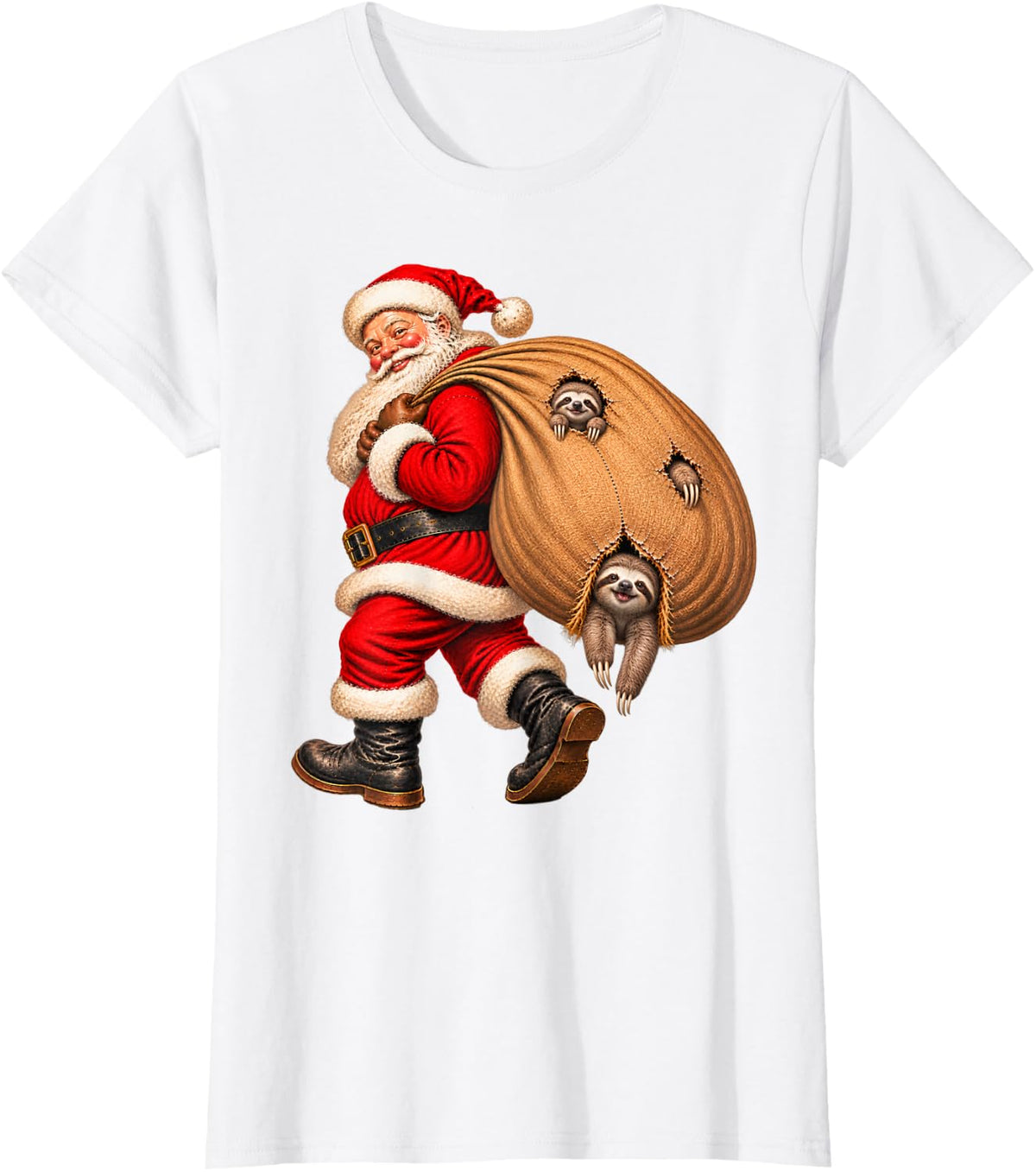 Santa Claus Delivering Sloth Presents Naughty T-Shirt - White