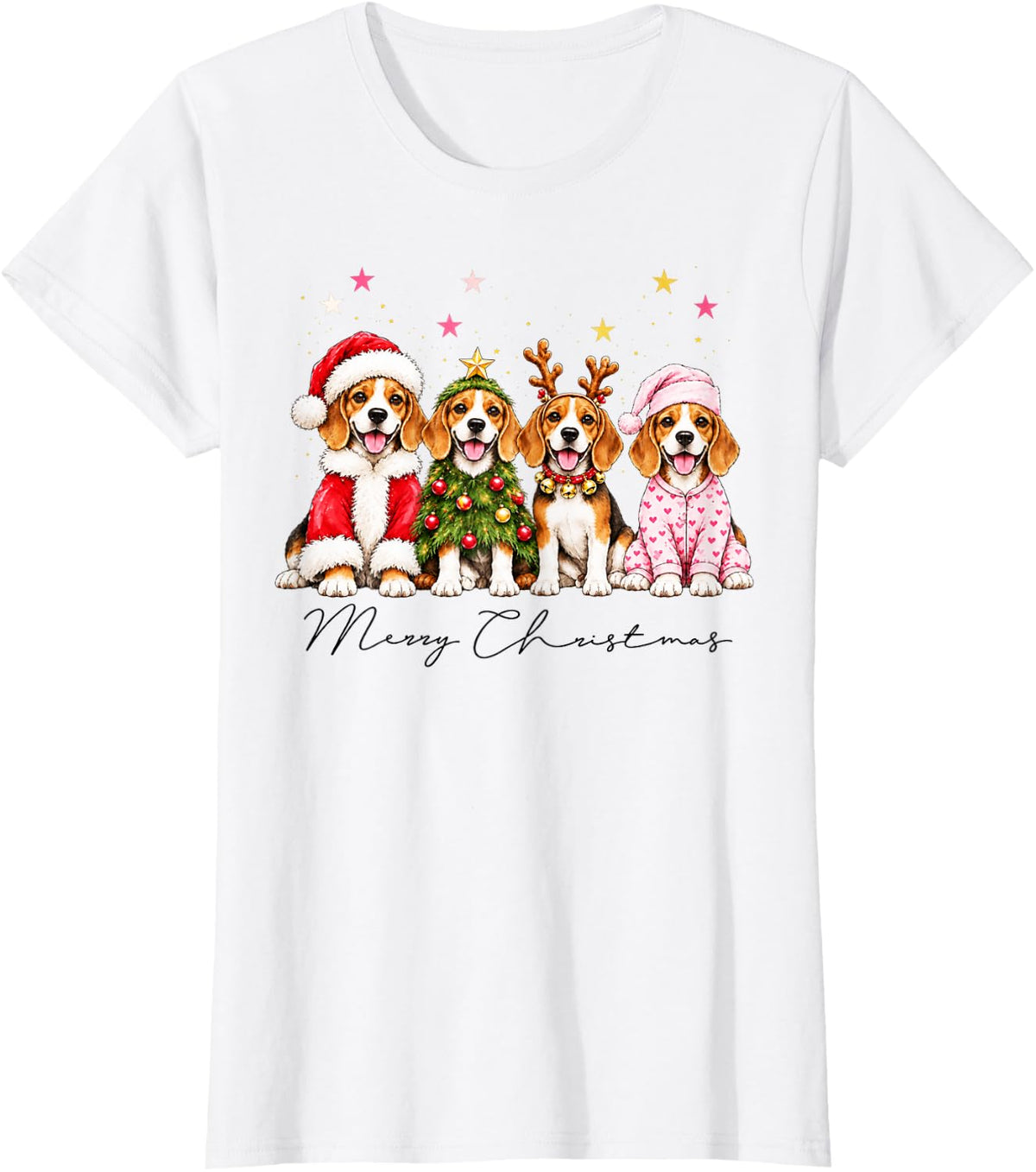 Merry Christmas Beagle Cute Dog Santa Hat Tree Reindeer T-Shirt - White