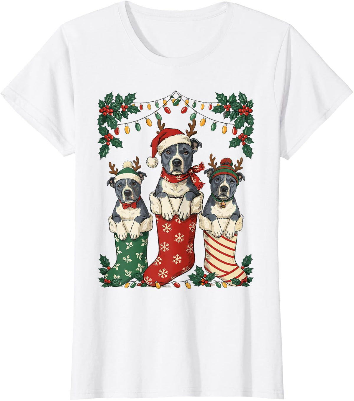 American Staffordshire Terrier Christmas Stocking Puppy T-Shirt - White