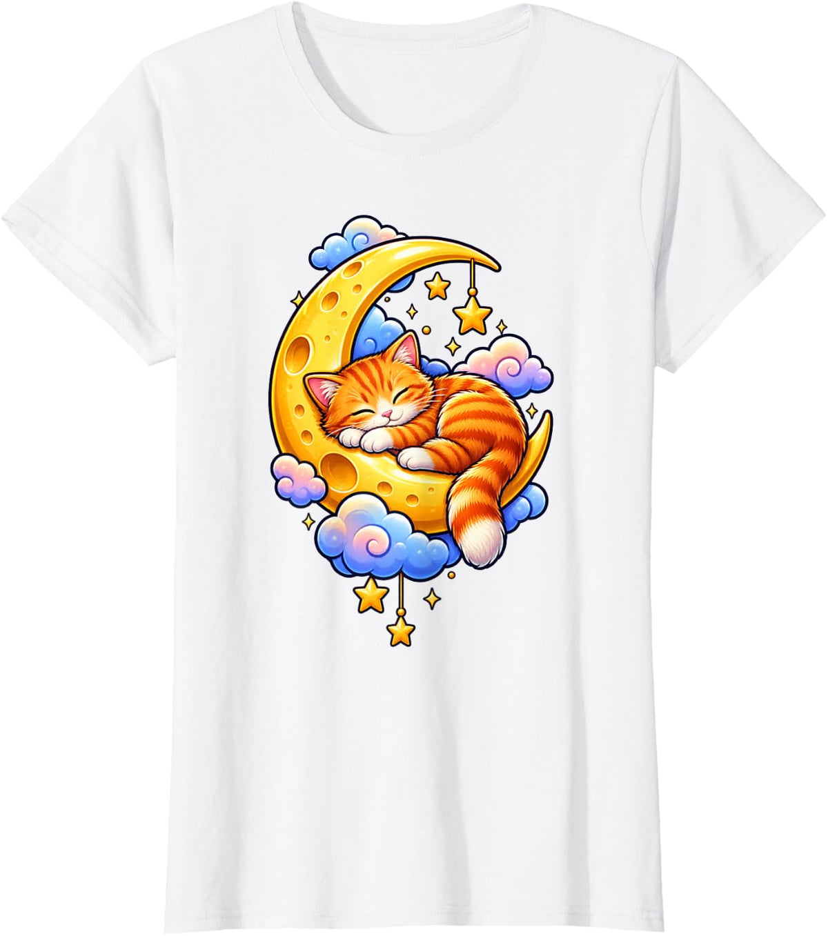 Sleeping Ginger Cat on Crescent Moon with Stars T-Shirt - White