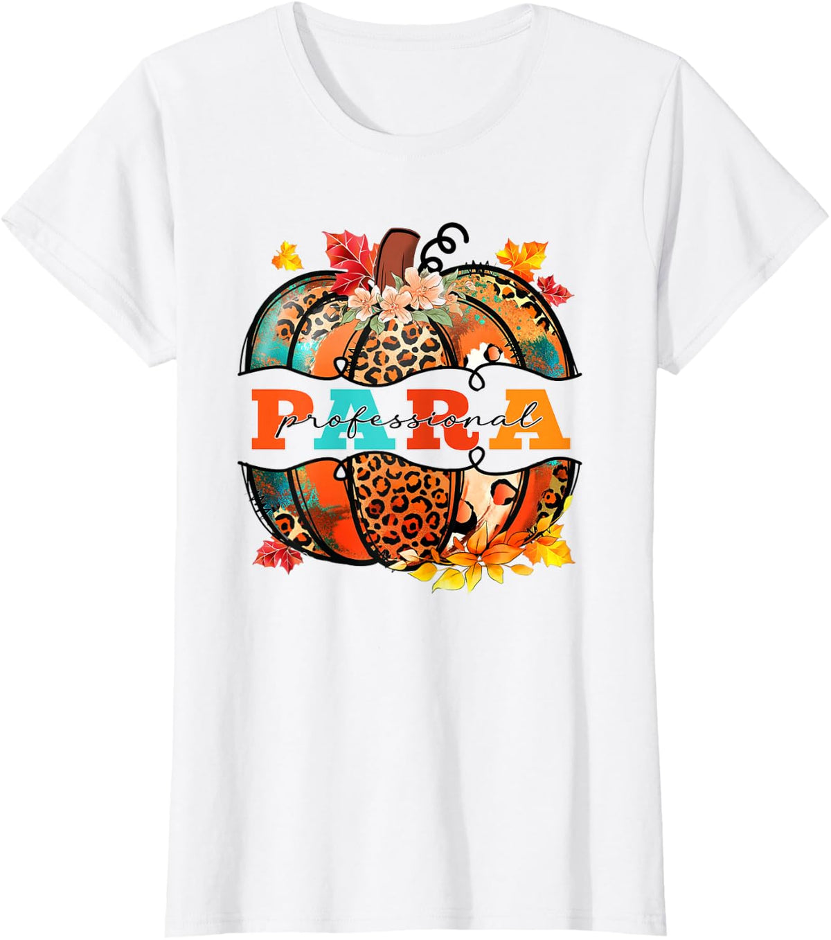 Retro Fall Paraprofessional Autumn Leaves Pumpkin Leopard T-Shirt - White