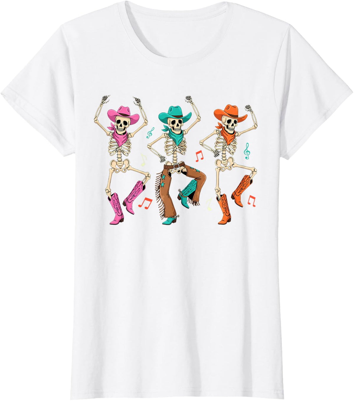Skeleton Cowboys Dancing Humorous Halloween Holiday T-Shirt - White