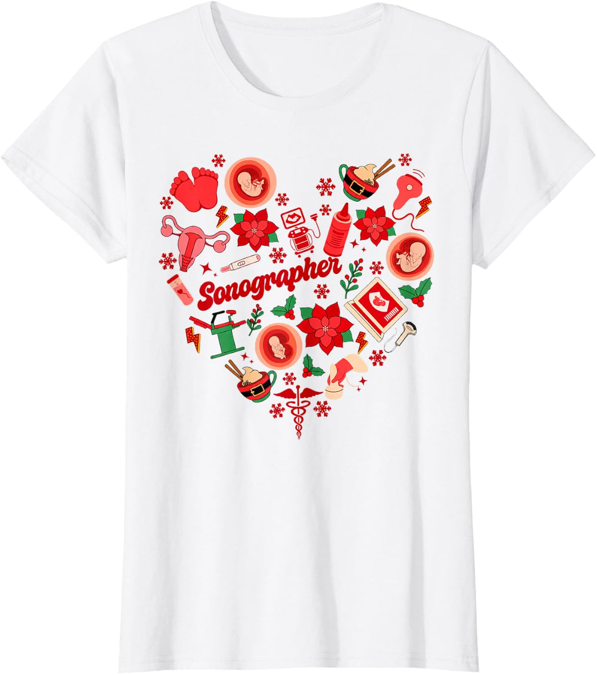 Christmas Sonographer Heart Shape Ultrasound Tech RDMS Xmas T-Shirt - White