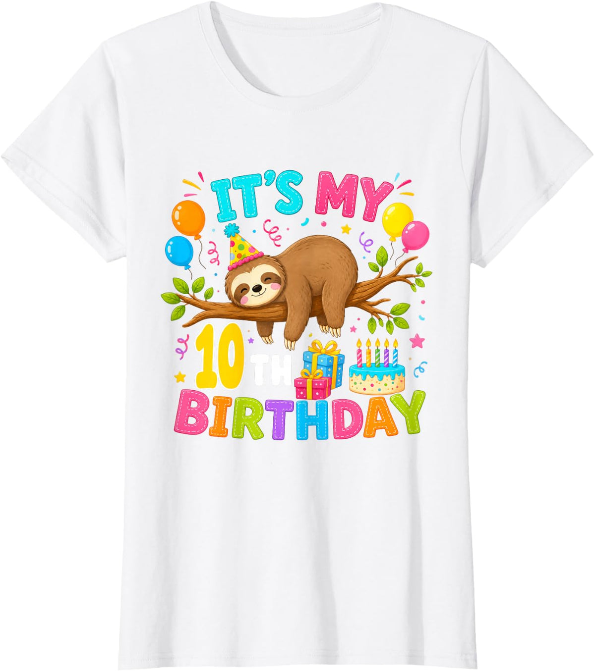 10th Birthday Animals Theme Party 10 Year Old Sloth Lover T-Shirt - White